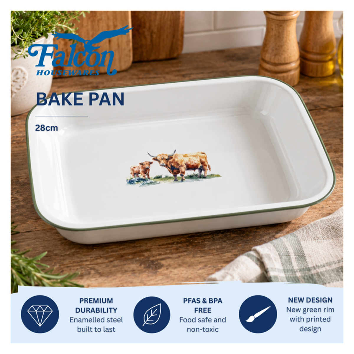 Enamel Bake Pan 28cm - Highland Cow, view 4