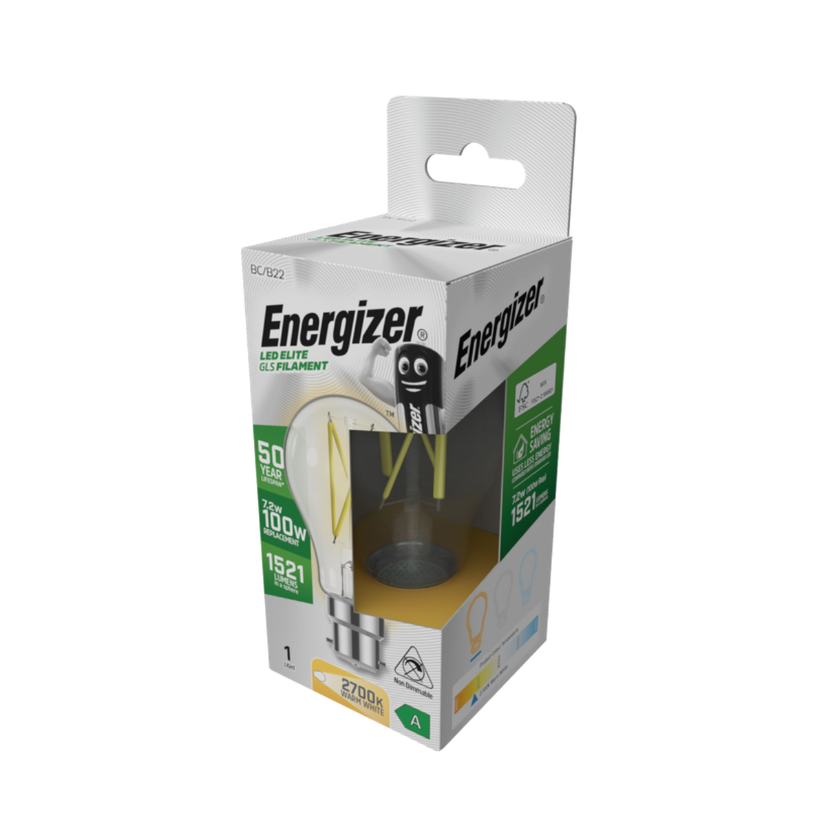 Energizer B22 LED GLS bulb 7.2W in warm white, view 2