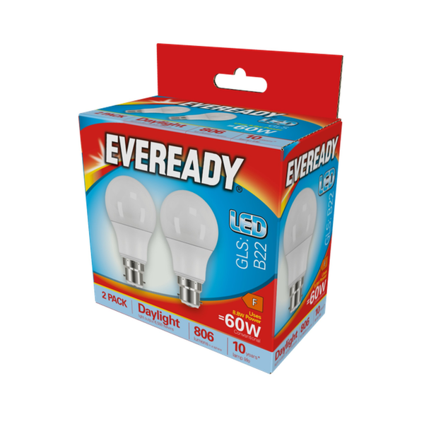 Pack of 2 Eveready 8.8W LED GLS bulbs with B22 cap