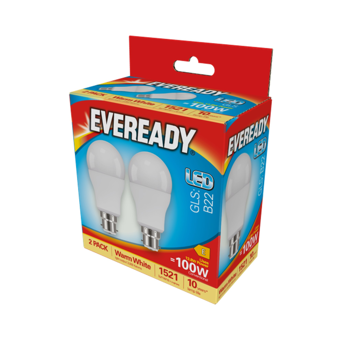 Eveready LED GLS B22 warm white bulbs, 1521 lumens, 2 pack