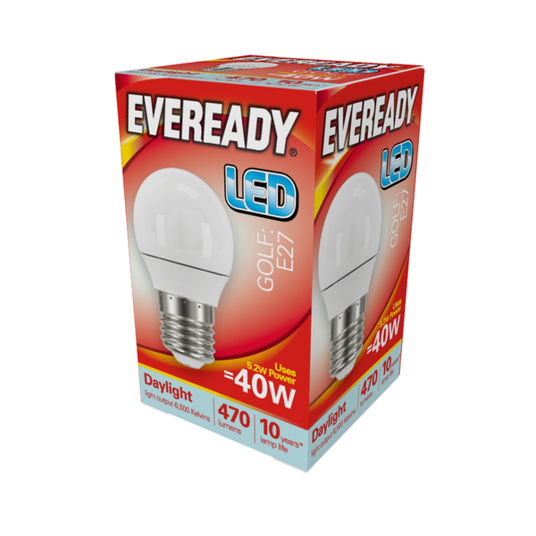 Eveready LED golf bulb with E27 cap in daylight
