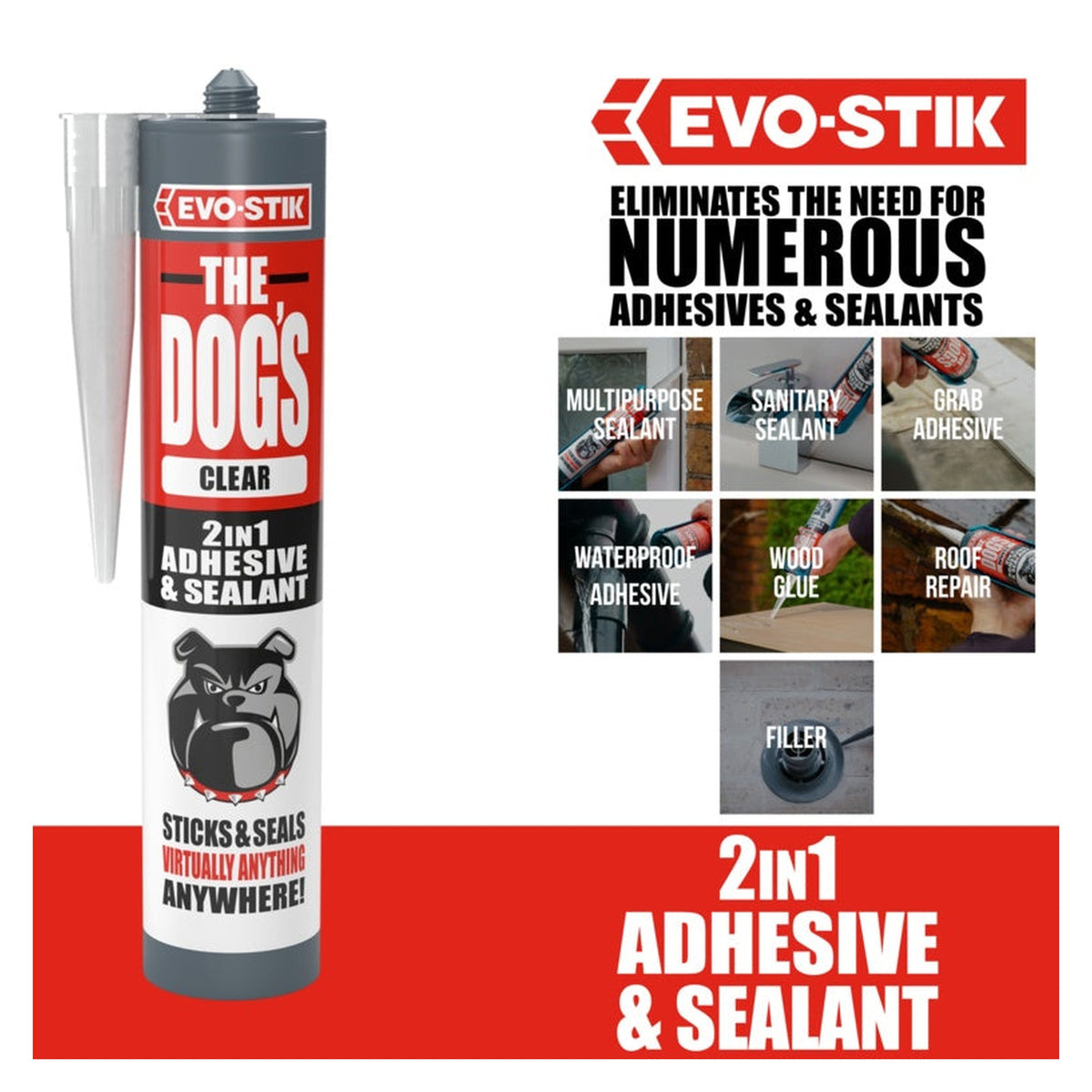 Evo-Stik The Dog's 2 in 1 adhesive and sealant clear 290ml, view 4