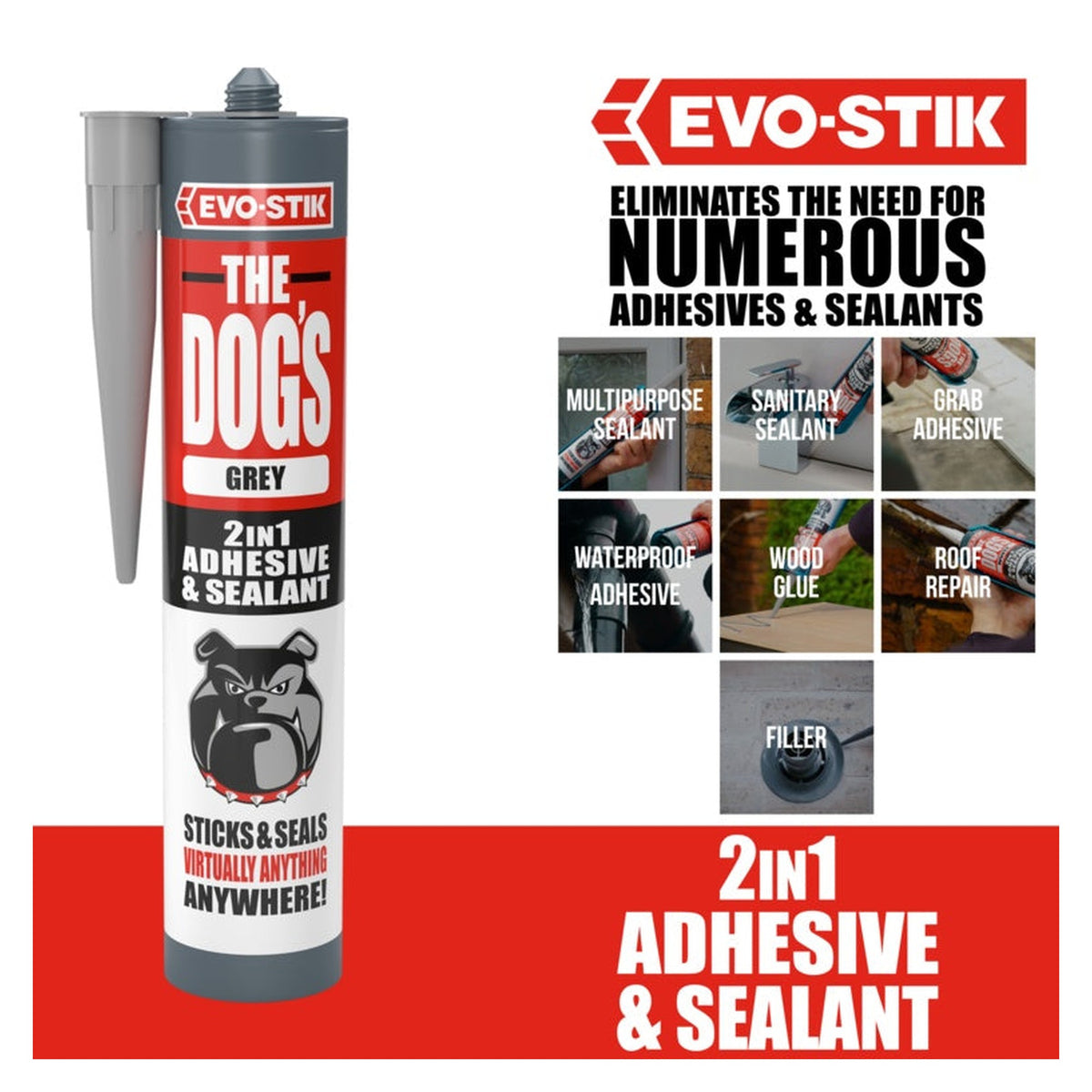 Evo-Stik The Dog's 2 in 1 adhesive and sealant grey 290ml, view 5