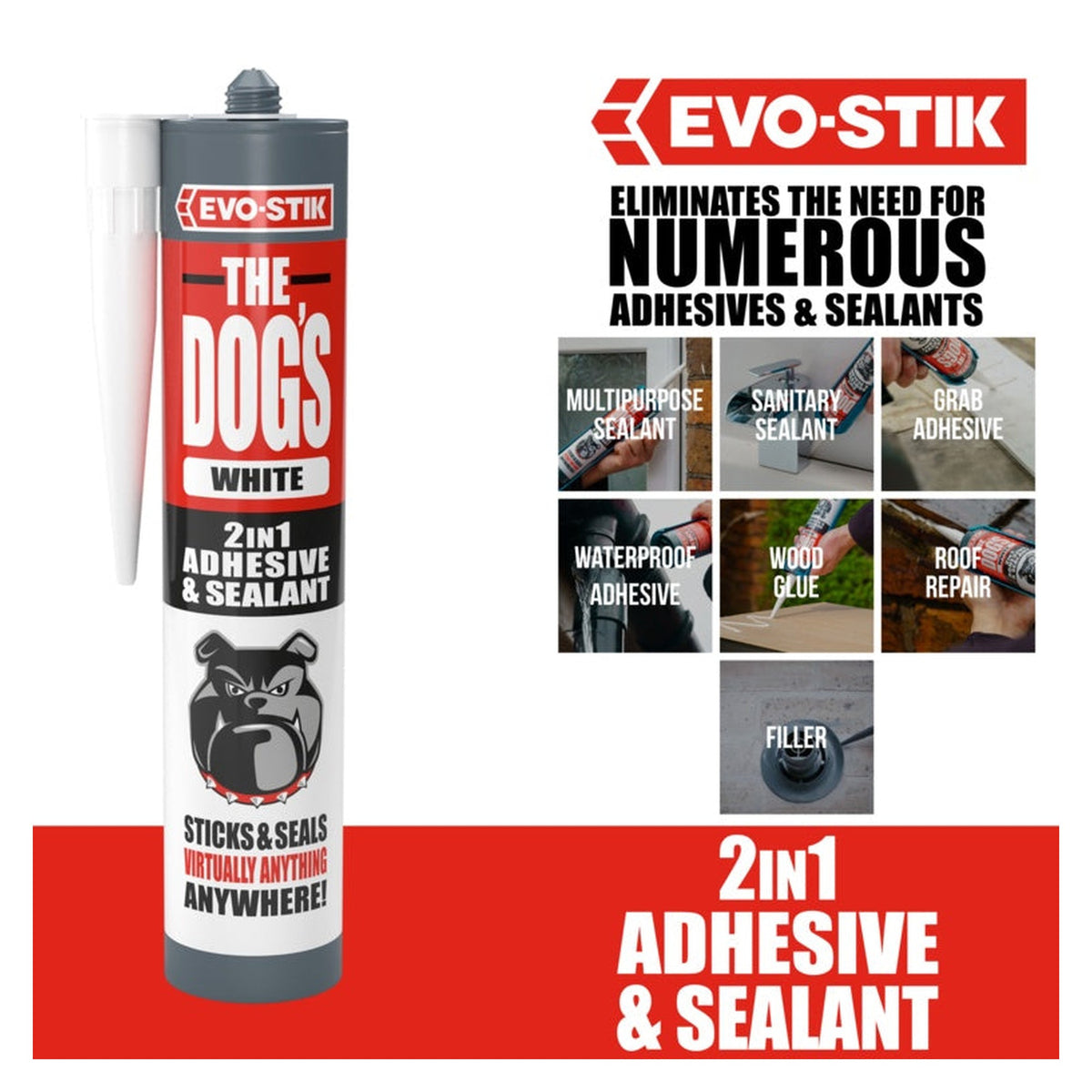 Evo-Stik The Dog's 2 in 1 adhesive and sealant white 290ml, view 2