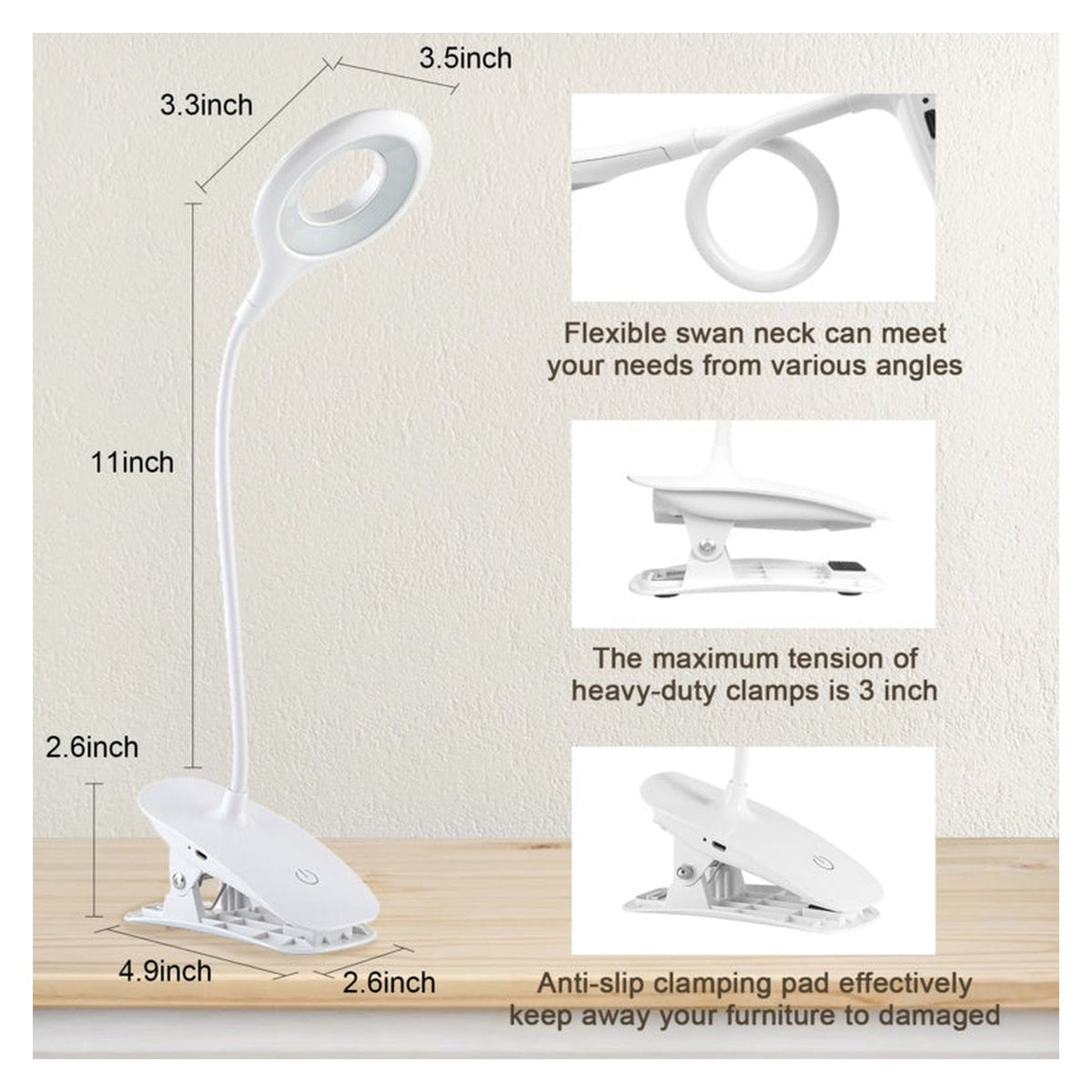 Extrastar white clip-on dimmable desk lamp with USB, view 5