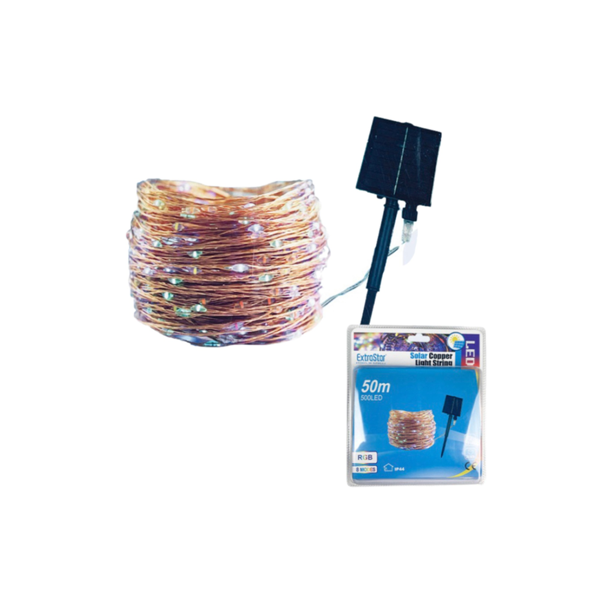 Extrastar 50m solar LED copper wire string lights in multi colour