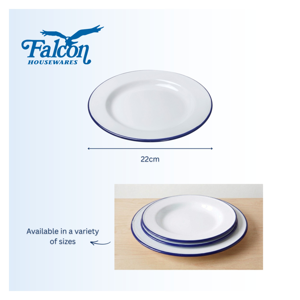 Falcon white enamel dinner plate with blue rim, view 2