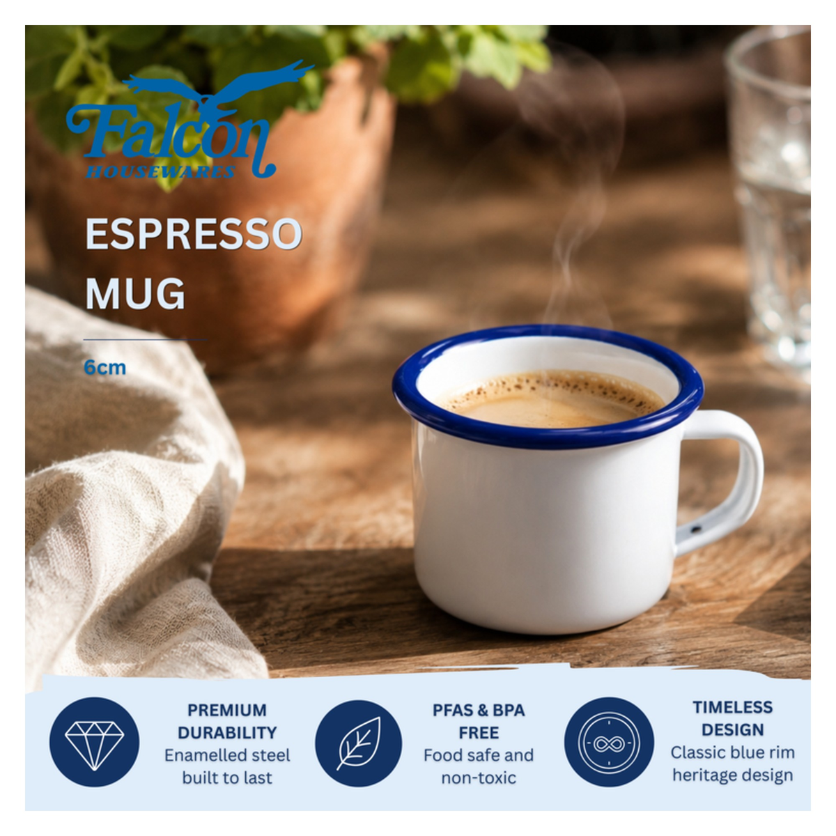 Falcon traditional white enamel expresso mug with blue rim, 125ml