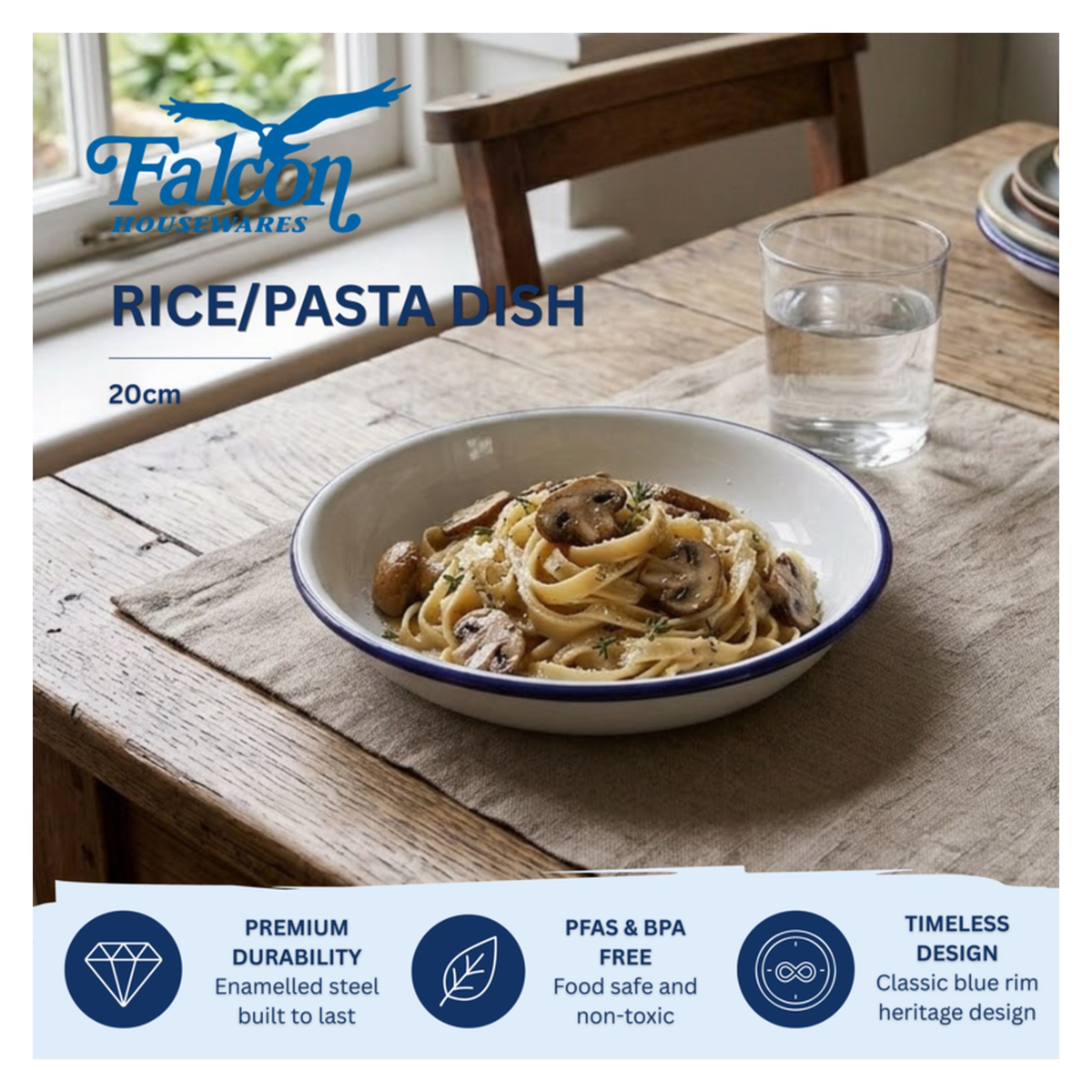 Falcon white enamel pasta plate with blue rim, 20cm