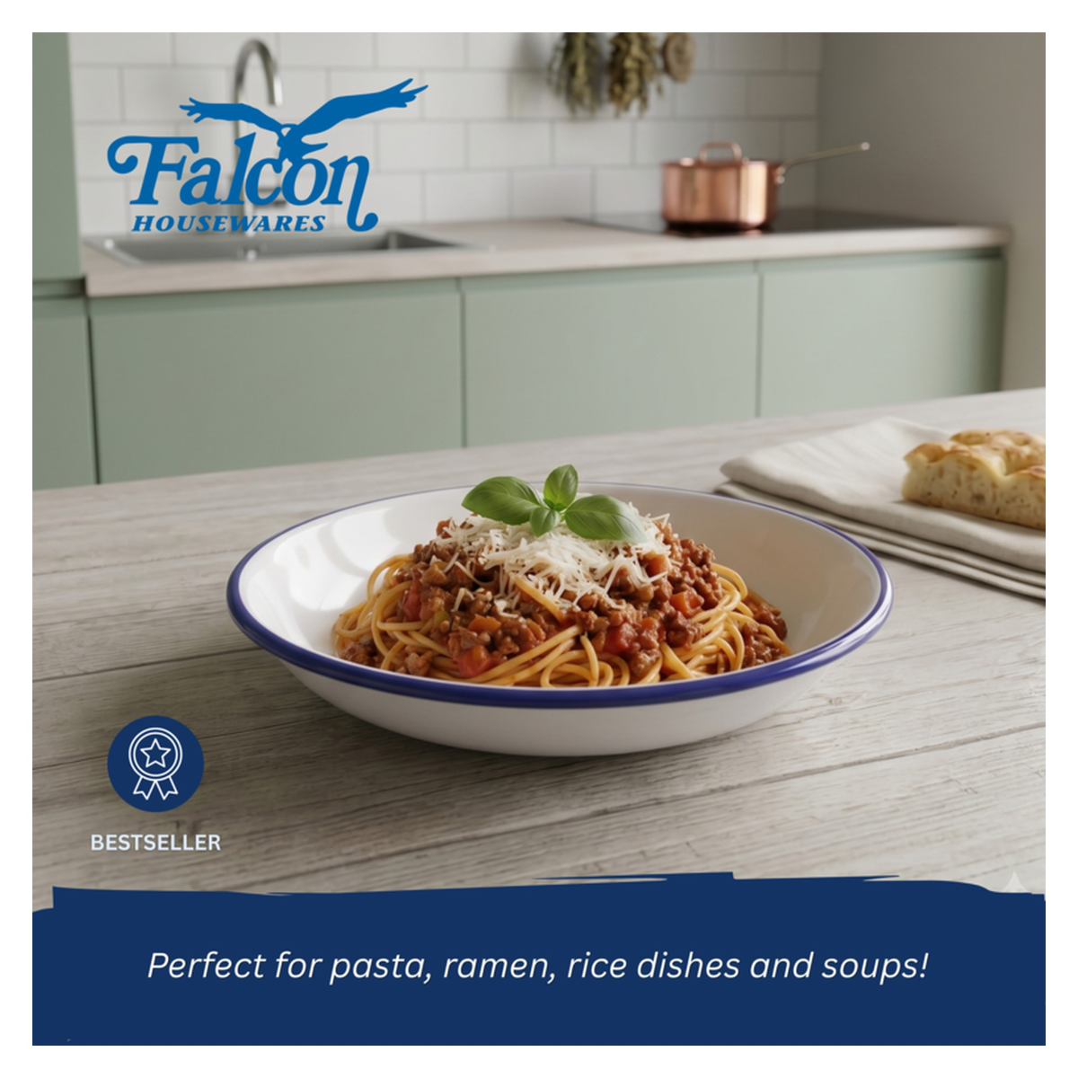 Falcon white enamel pasta plate with blue rim, 20cm, view 6