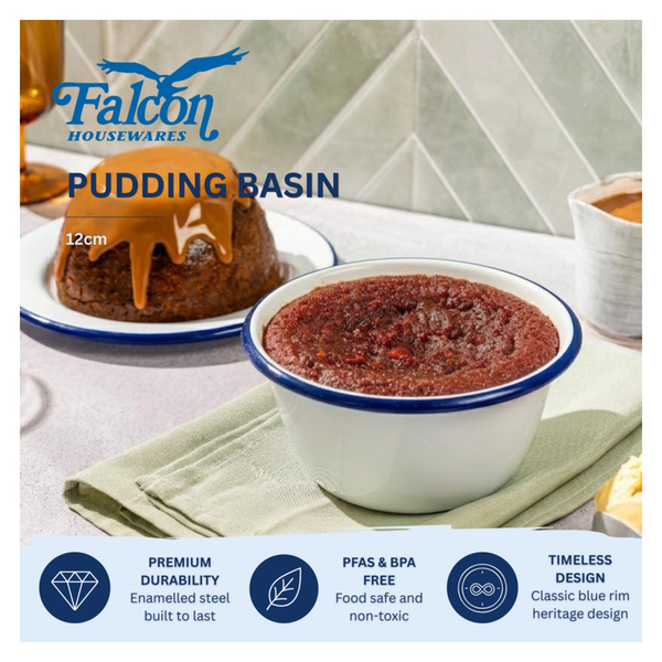 Falcon white enamel pudding basin with blue rim, 12cm