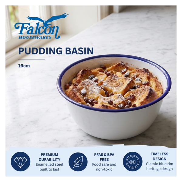 Falcon traditional white enamel pudding basin with blue rim