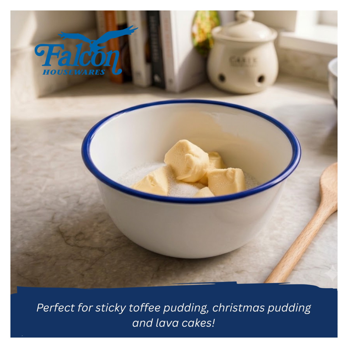 Falcon traditional white enamel pudding basin with blue rim, view 3
