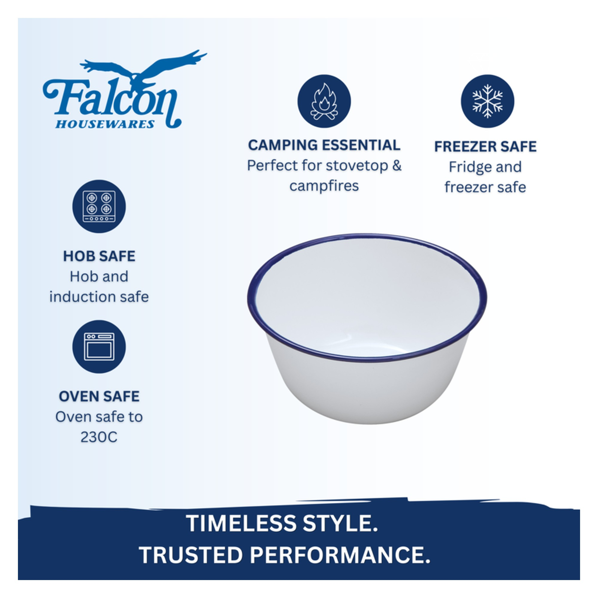 Falcon traditional white enamel pudding basin with blue rim, view 5
