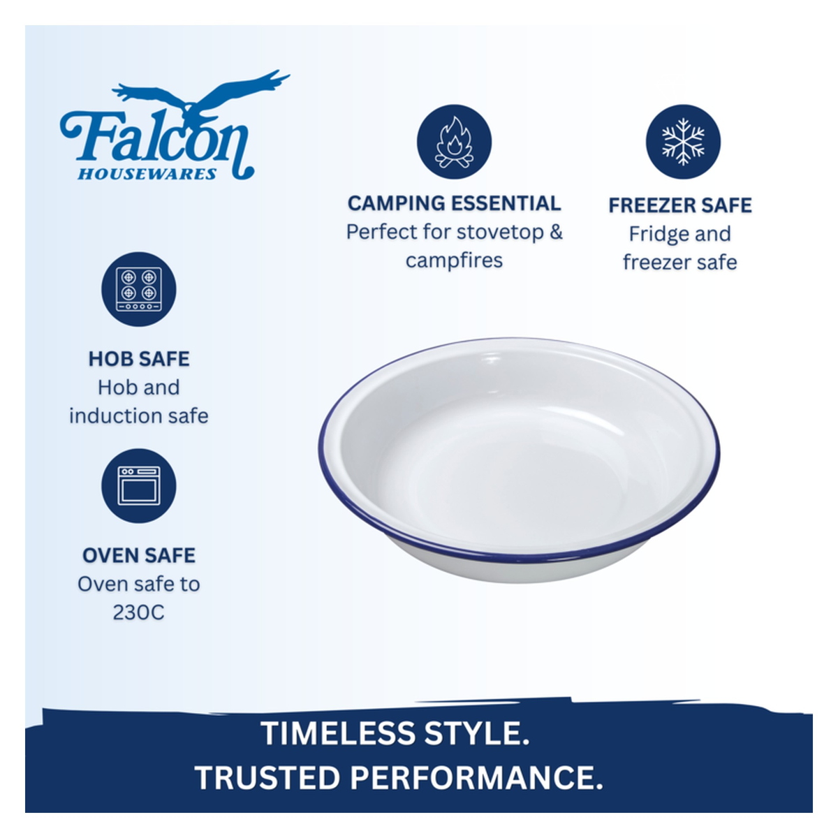 Falcon white enamel round pie dish 24cm with blue rim, view 2