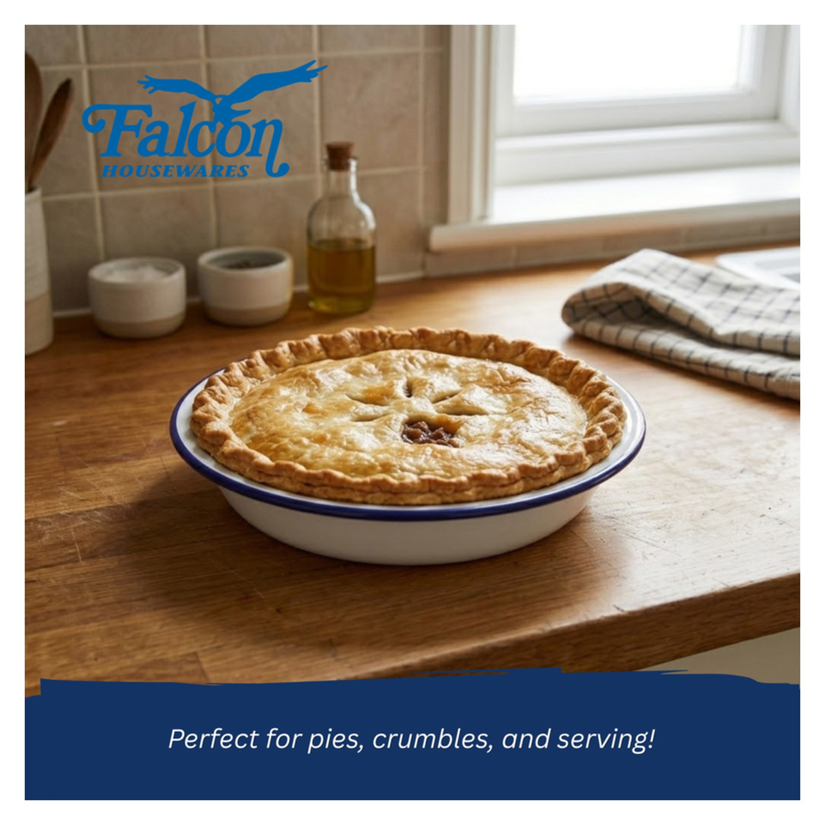 Falcon white enamel round pie dish 24cm with blue rim, view 3