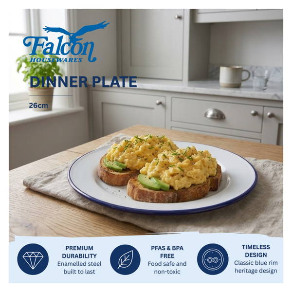 Falcon white enamel dinner plate with blue rim