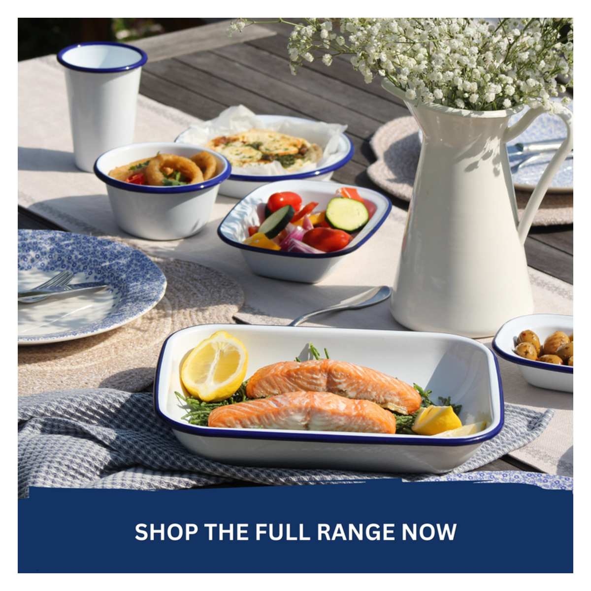 Falcon white enamel dinner plate with blue rim, view 2