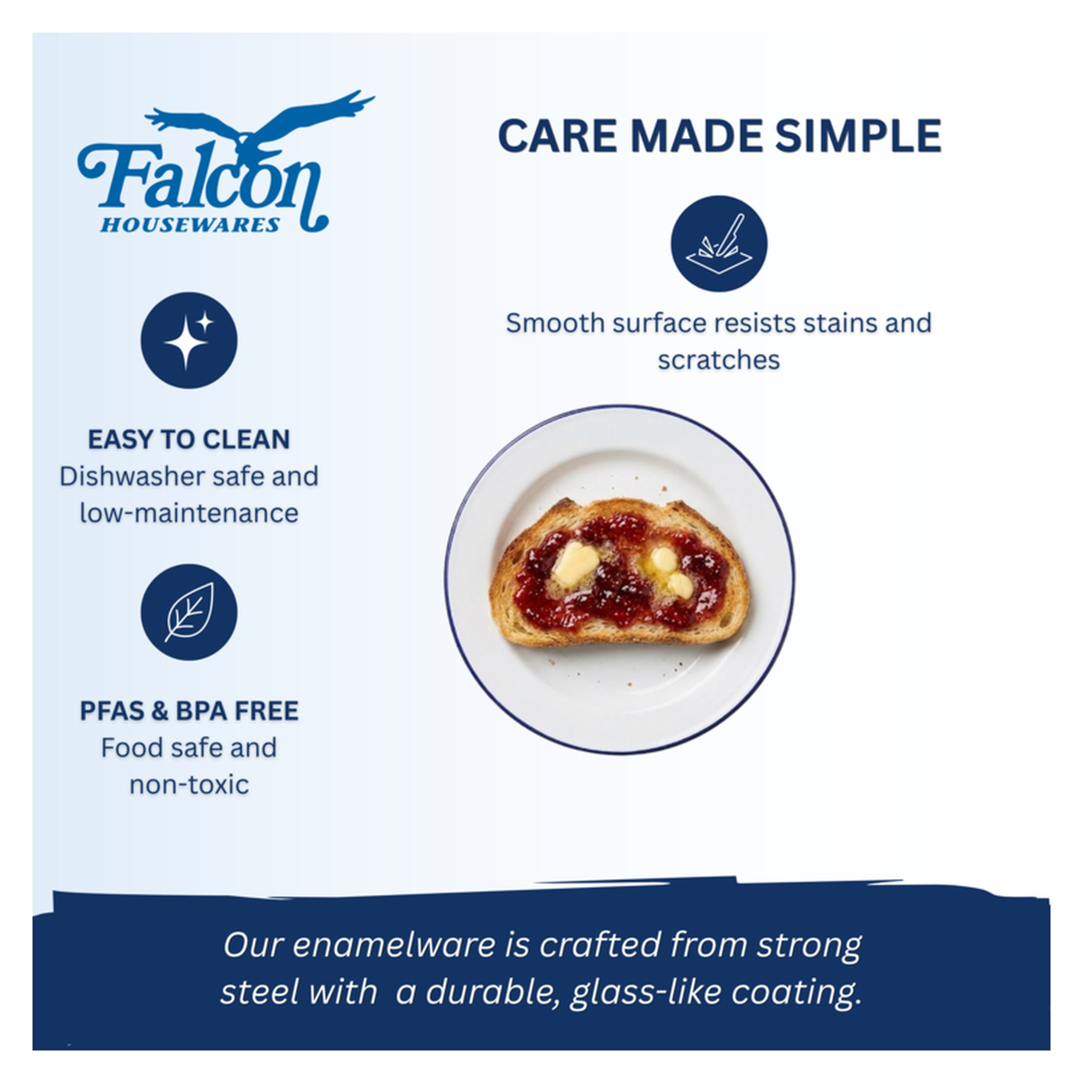 Falcon traditional white enamel dinner plate with blue rim, 20cm, view 2