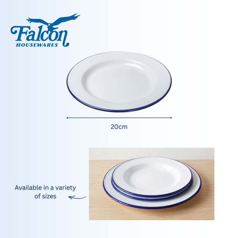 Falcon traditional white enamel dinner plate with blue rim, 20cm, view 5