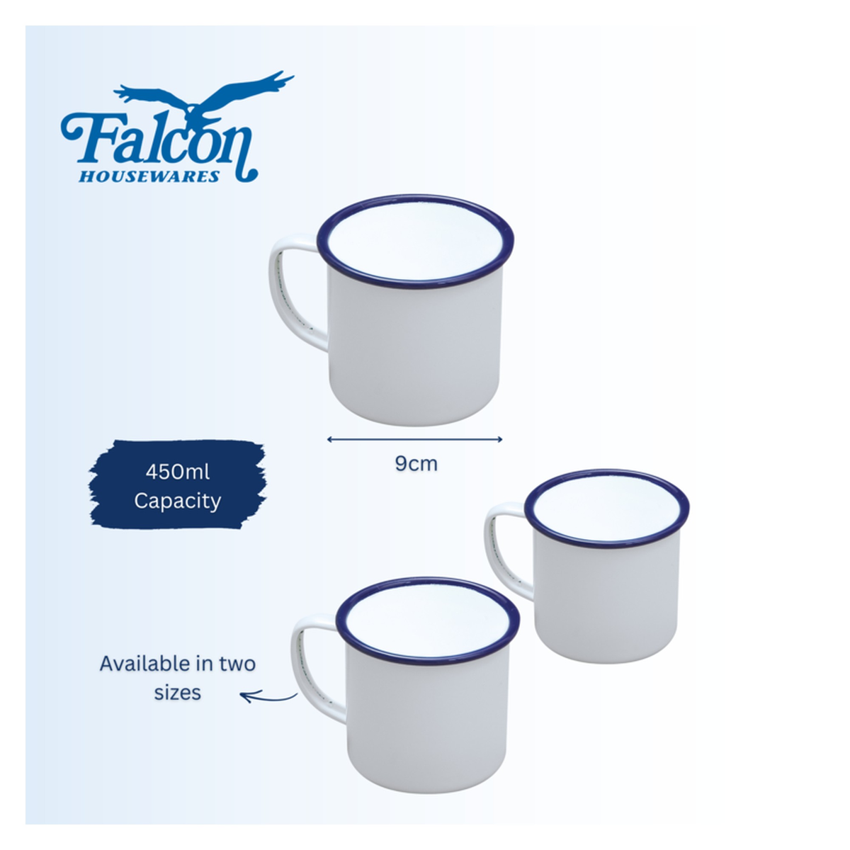 Falcon traditional white enamel mug with blue rim, 568ml, view 2