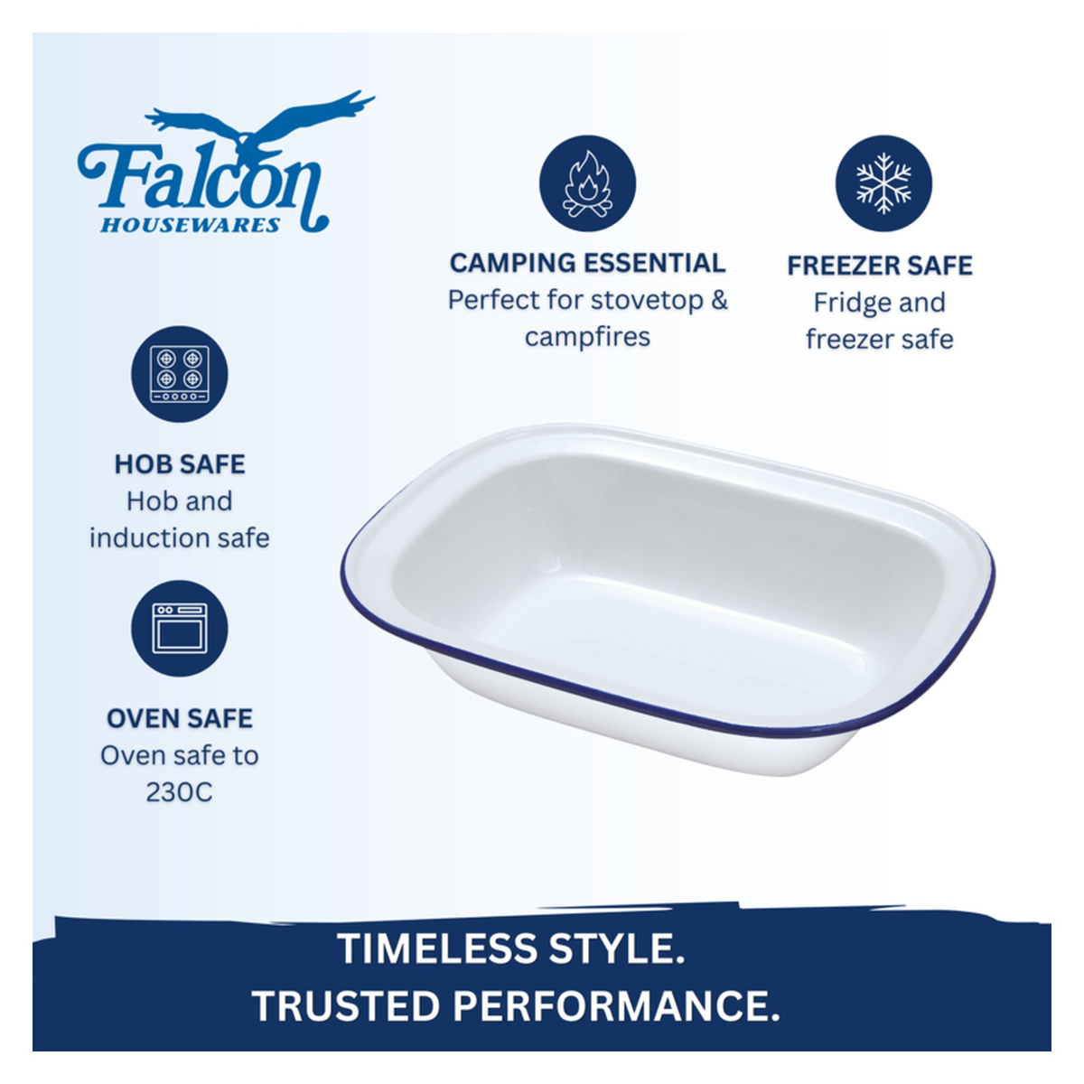 Falcon white enamel oblong pie dish with blue rim, 24 x 18cm, view 2