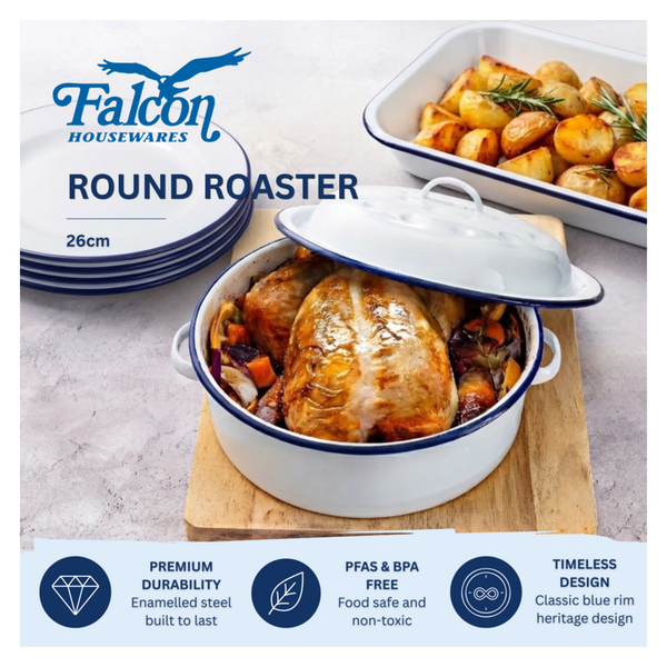 Falcon traditional white enamel round roaster with blue rim, 26cm