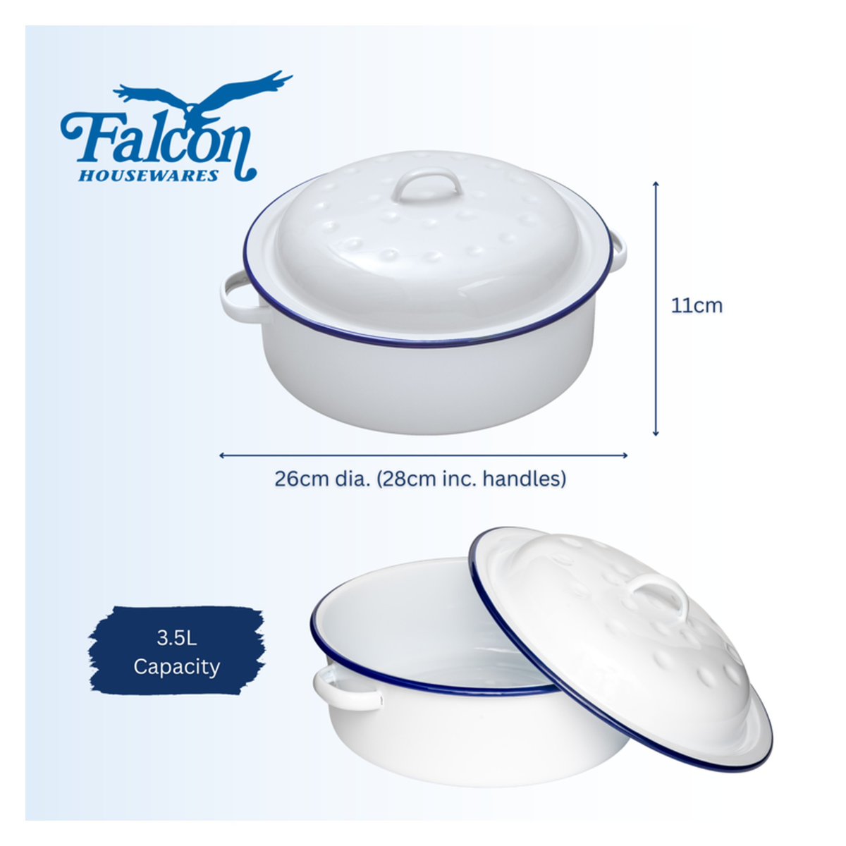 Falcon traditional white enamel round roaster with blue rim, 26cm, view 2