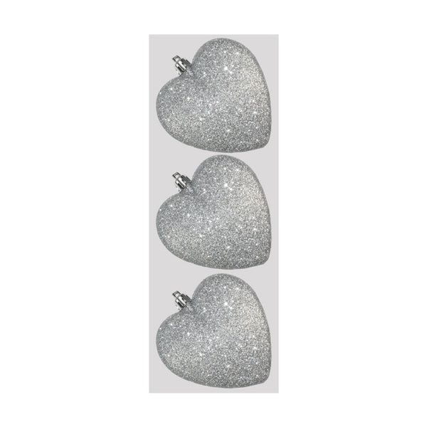 Glitter Hearts x 3 - 9cm Silver