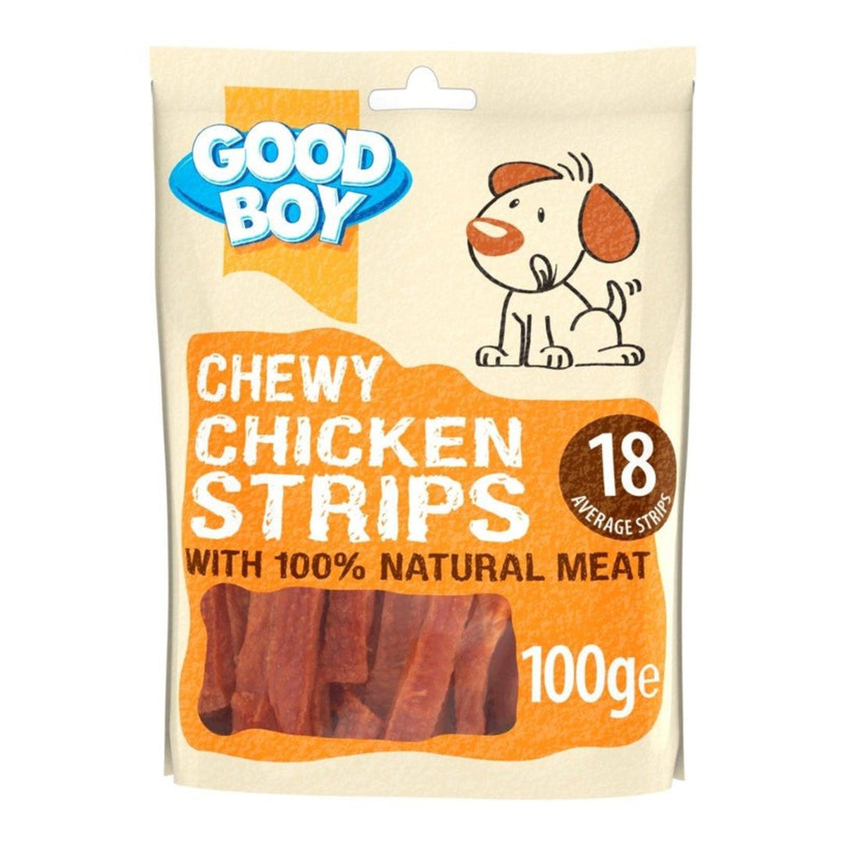 Good Boy chewy chicken strips dog treats in a re-sealable bag