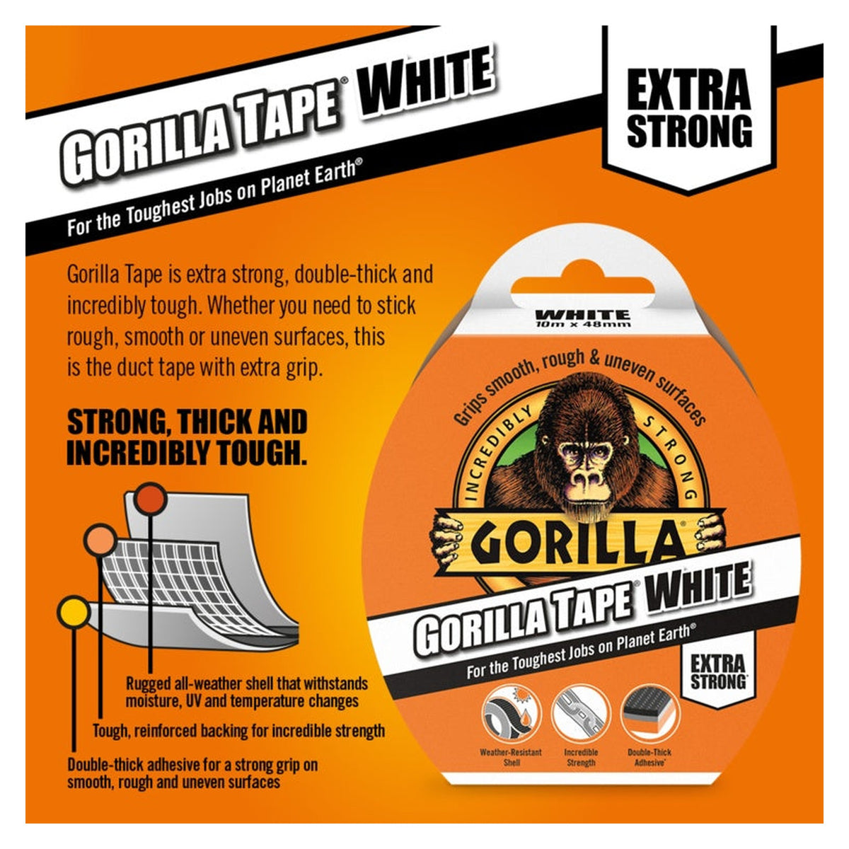 Gorilla White Tape 10m roll, view 2