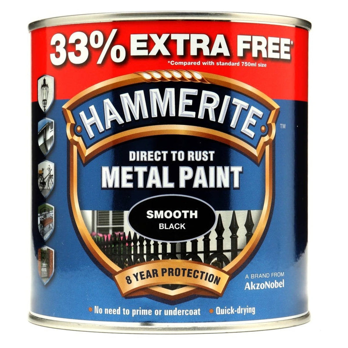 Hammerite smooth finish black metal paint 750ml + 33% free tin
