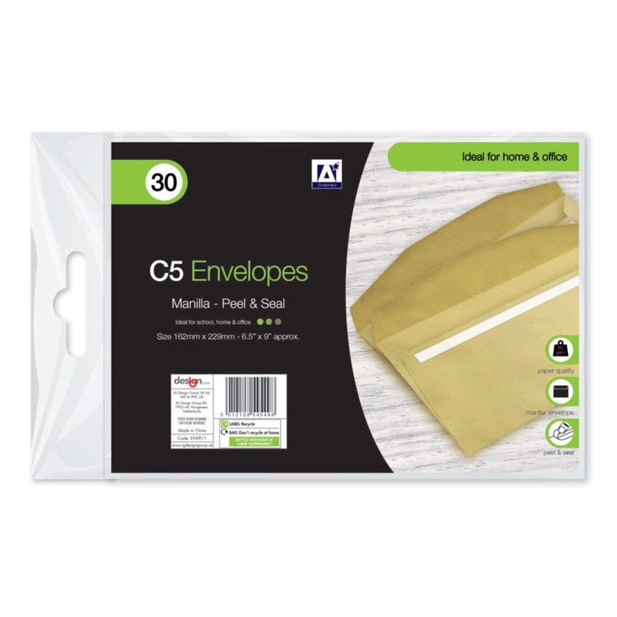 I G Design C5 manilla peel and seal envelopes pack of 30