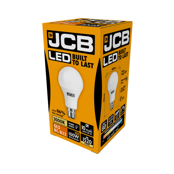 JCB LED A60 opal B22 bulb 1520 lumens warm white
