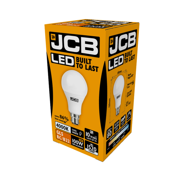 JCB LED A70 15W B22 bulb in 4000K cool white