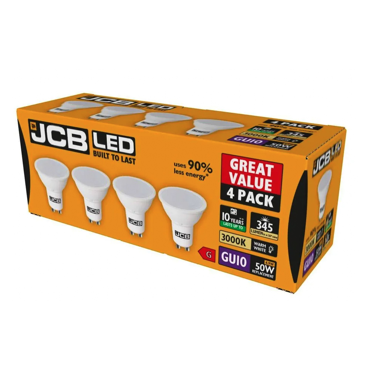 Pack of four JCB 5W warm white LED GU10 bulbs