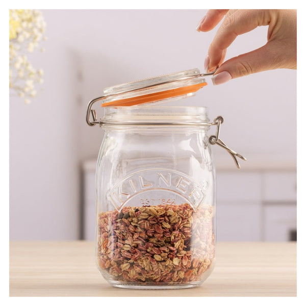 Kilner round clip top glass jar 1L with orange seal