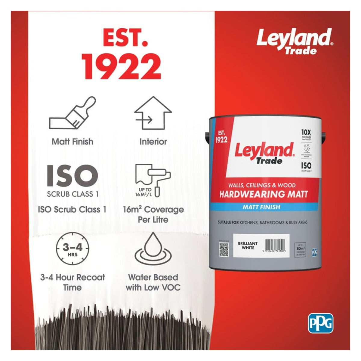 Leyland Trade Hardwearing Matt 5L Brilliant White tin, view 5
