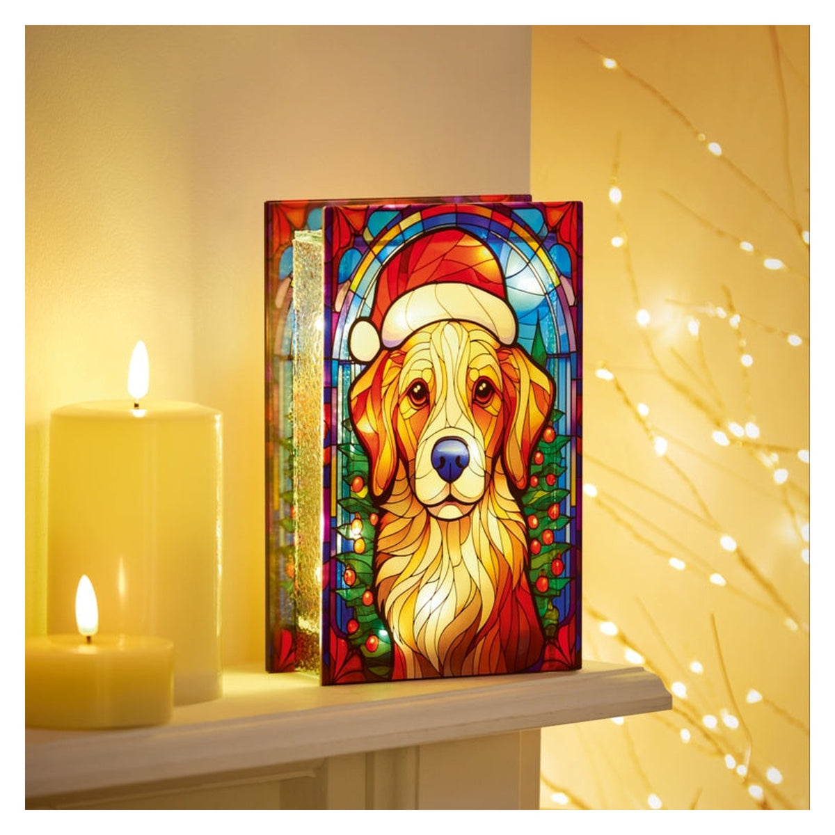 Lit Dog With Santa Hat Stained Glass Decoration - 13cm x 21cm Warm White LEDs, view 4