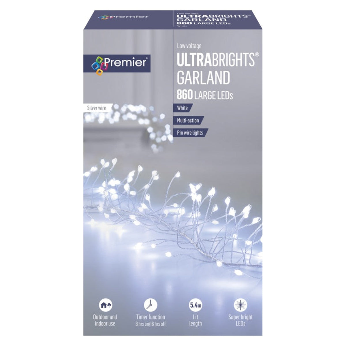 Multi Action Ultra Bright Garland Silver Wire White - 860 LEDs
