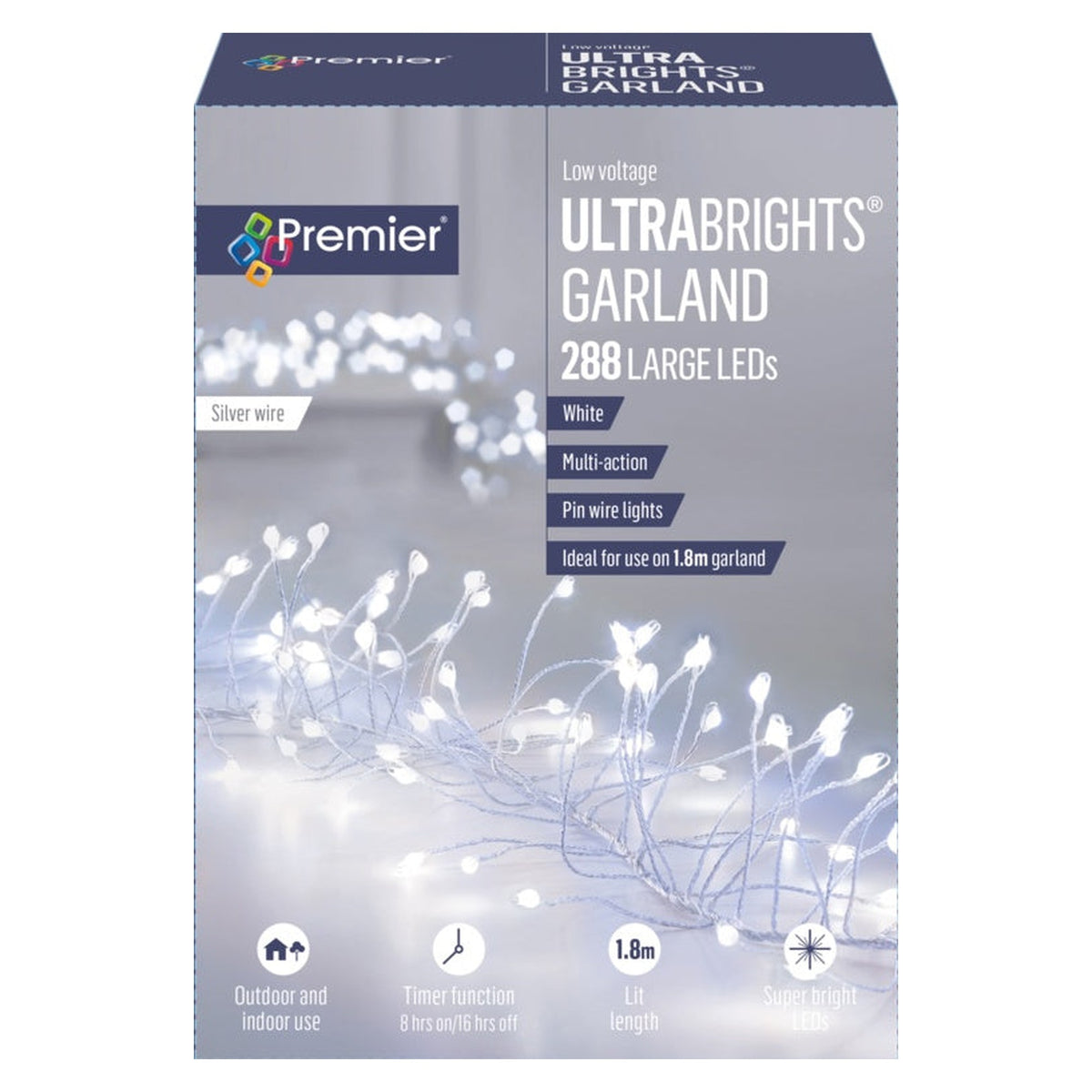 Multi Action Ultra Brights Silver Garland - White 288 LEDs