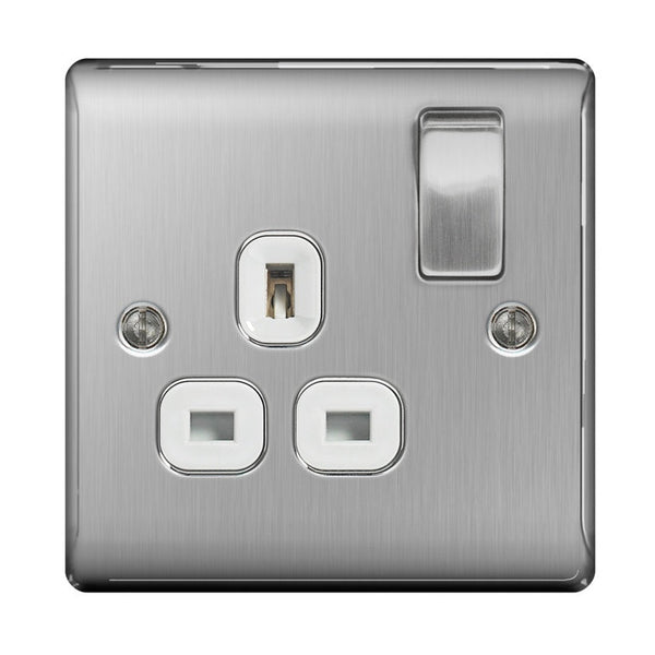 Nexus brushed steel 1 gang 13A switched socket with white inset