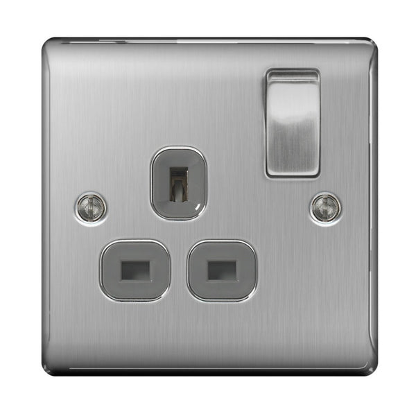 Nexus brushed steel 1 gang 13A switched socket with black inset