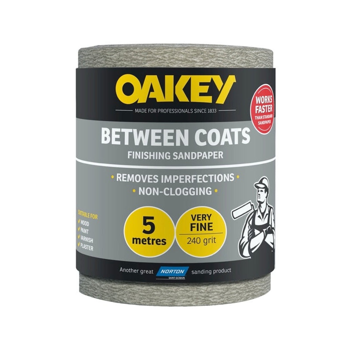 Norton Oakey Between Coats 240g abrasive roll, 5m x 115mm
