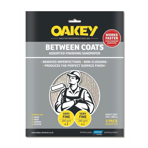 Oakey Between Coats abrasive sheets, pack of 3
