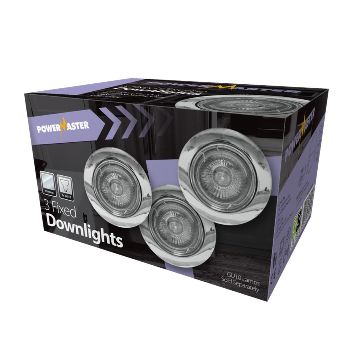 Powermaster pack of 3 fixed chrome GU10 downlights