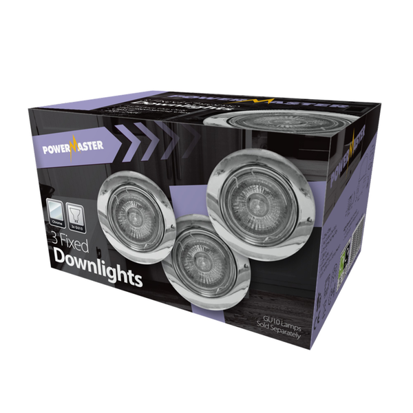 Powermaster pack of 3 fixed chrome GU10 downlights