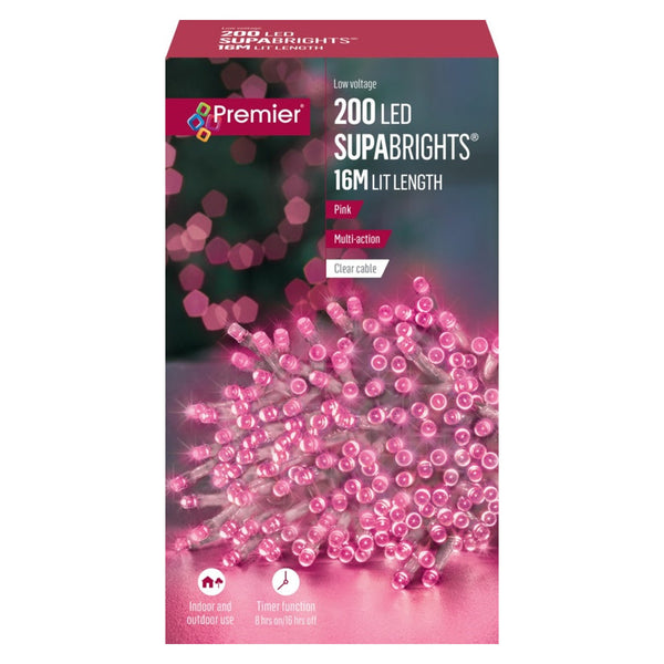 Premier 200 LED Supabrights pink string lights with timer