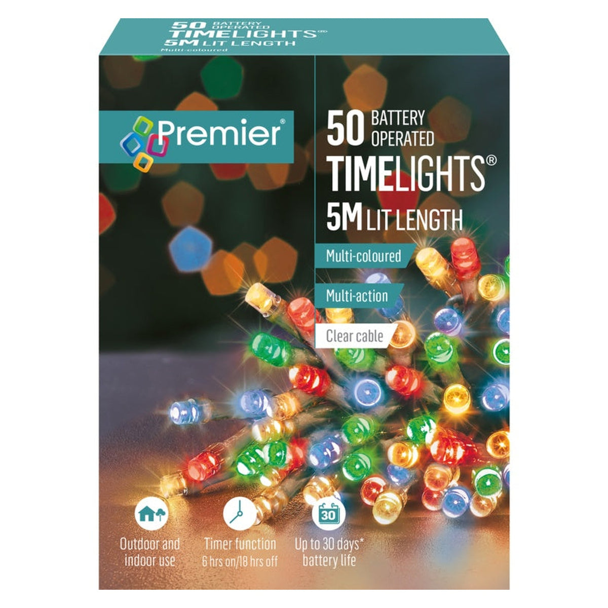 Premier 50 LED multi colour battery Christmas lights