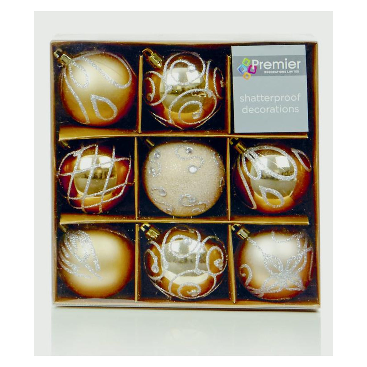 Pack of nine Premier 60mm champagne gold decorated baubles